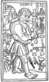 Vyobrazení Ezopa od Mistra ulmského Boccaccia (Ulm ca 1476–1477). Aesopus: Vita et fabulae (Ulm, Johann Zainer st.. ca 1476–1477). Rub titulního listu. Repro: Schramm 1923.