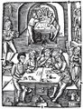 Souvislosti mezi Grüningerovými ilustracemi (Strasbourg 1499–1502) a Pánem rady (Praha 1505). Nahoře zleva Terentius Afer, Publius: Comoediae (Strasbourg, Johann Grüninger 1499). Fol. CVIIa druhého vydání s ilustrací Mistra Grüningerova Terentia. Královská kanonie premonstrátů na Strahově – Strahovská knihovna (Praha), sign. DM III 3/3. Dole zleva Tento traktát jest o mládenci, kterýž jsa v štěstí zpychal a svévolně upadl v neštěstí [Pán rady] (Praha, Tiskař Pražské bible? 1505). Fol. A4b s obrázkem mládence u pana Povolila. Národní knihovna ČR (Praha), sign. Křiž LXXIII D 1 (= Cim D 96, deponát). Nahoře zprava Vergilius, Publius Maro: Opera (Strasbourg, Johann Grüninger 1502). Díl třetí, fol. IXa s hosp