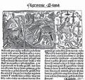 Ilustrace Kobergerovy Bible (Nürnberg 1483) a její nápodoba pro Bibli českou (Kutná Hora 1489) a ilustrovaný Nový zákon (Praha 1497–1498). Štoček je ve všech verzích trojdílný: sv.. Jan Evangelista v kotli s vroucím olejem – anděl na ostrově Pathmos přikazuje Janovi zapsat Zjevení (Zj 1, 9–10) – Jan před Pantokratorem držícím sedm hvězd symbolizujících Kristovu světovládu, majícím u úst dvousečný meč na znamení soudcovského výroku a obklopeným sedmi svícny jako poukazy na sedm církevních obcí (Zj 1, 12–20). Bible česká zv. Kutnohorská (Kutná Hora, Martin z Tišnova 1489). Detail fol. mm1b s kolorovanou anonymní nápodobou Quentellova–Kobergerova dřevořezu. Královská kanonie premonstrátů na Strahově – Strahovská knihovna (Praha), sign. DO IV 1 (vydání se znakem).