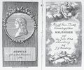 Kalendář s rodopisnými doplňky ilustrovaný Danielem Chodowieckým (Lauenburg 1783?). Königl. Gros-britth. genealogischer Kalender auf das Jahr 1784 (Lauenburg, Johann Georg Berenberg 1783?). Frontispis a rytá titulní strana. Královská kanonie premonstrátů na Strahově – Strahovská knihovna (Praha), sign. CK IX 65.