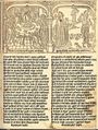 Speculum humanae salvationis (tři strany z typoxylografické blokové knihy, Utrecht? nizozemský Prototypograf ca 1466–1467, ne po 1471). Ukázka přechodu anopistografického deskotisku ke knize rozmnožované tiskovými formami z pohyblivých písmen. Text na 64 listech lepených k sobě je totiž pomocí černé fermežové barvy reprodukován knihtiskem, zatímco 58 podélných obrázků s nápisovými texty vzniklo z dřevořezů otiskovaných ještě ručně pomocí hnědé vodové barvy a tříče. Repro: E. Kloss (ed.): Speculum humanae salvationis. Ein niederländisches Blockbuch. München 1925. Fol. [1a] začátek předmluvy. Fol. [18b–19a] zleva Poslední večeře Páně (např. Mt 26, 26–29) a Hospodin sesílá Izraelcům manu (Ex 16, 32