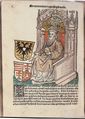 Ilustrace z Ratdoltova tisku (Augsburg 1488). Thurócz, Johann (János): Chronica Hungarorum (Augsburg, Erhard Ratdolt 1488). Fol. o2b s trůnícím Zikmundem, císařem římským a králem uherským. Kolorovaný dřevořez. Knihovna Národního muzea (Praha), sign. Křivoklát 22 f 1 (snímek laskavě zapůjčil digitální fotoarchiv pražské Nadace pro dějiny kultury ve střední Evropě).