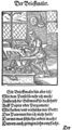 Profese podílející se na výrobě knihy (Frankfurt/M. 1574). Sachs, Hans – Amman, Jost: Eigentliche Beschreibung aller Stände auf Erden (Frankfurt/M., Sigmund Feyerabend 1568). Zleva doprava: fol. F2a (papírník), E4a (ilustrátor), E3a (písmolijec), F3a (knihtiskař), F4a (briefmaler se šablonou), G1a (knihvazač). Královská kanonie premonstrátů na Strahově – Strahovská knihovna (Praha), sign. AE IX 119.