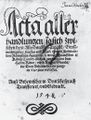 Viněta pletencová neboli manupropriová (Praha 1548). Acta aller Handlungen (Praha, Bartoloměj Netolický z Netolic 1548). Titulní strana s dřevořezovým pletencem, pozůstatkem kancelářské kaligrafie. Antikvariát Meissner (Praha).