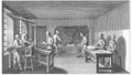 Slévání písma (Livourne 1772). Recueil de planches sur les sciences, les arts libéraux et les arts méchaniques, … troisieme édition … premiere partie, seconde livraison en deux parties (Livourne, de l’imprimerie des éditeurs [= Denis Diderot et Jean Le Rond d’Alembert] 1772). Příloha 92, tabule I (vlevo manipulace s licím strojkem, vzadu příprava písmového kovu, vpravo opracování odlitků). Královská kanonie premonstrátů na Strahově – Strahovská knihovna (Praha), sign. AB I 5.