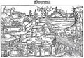 Fiktivní pohled na Prahu v patisku Schedelovy Kroniky (Augsburg 1496). Schedel, Hartmann: Liber chronicarum (Augsburg, Johann Schönsperger st. 1496). Fol. 318a. Královská kanonie premonstrátů na Strahově – Strahovská knihovna (Praha), sign. DM III 19.