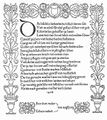 Rám Erharda Ratdolta (Venezia? 1478). Regiomontanus, Johannes: Calendarium, germ. (Venezia?, Bernhard Maler – Erhard Ratdolt 1478). Titulní strana s trojstranným, jednotně řešeným vegetativním rámem a raným impresem. Repro: Nesbitt 1964.