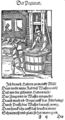 Profese podílející se na výrobě knihy (Frankfurt/M. 1574). Sachs, Hans – Amman, Jost: Eigentliche Beschreibung aller Stände auf Erden (Frankfurt/M., Sigmund Feyerabend 1568). Zleva doprava: fol. F2a (papírník), E4a (ilustrátor), E3a (písmolijec), F3a (knihtiskař), F4a (briefmaler se šablonou), G1a (knihvazač). Královská kanonie premonstrátů na Strahově – Strahovská knihovna (Praha), sign. AE IX 119.