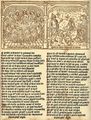Speculum humanae salvationis (tři strany z typoxylografické blokové knihy, Utrecht? nizozemský Prototypograf ca 1466–1467, ne po 1471). Ukázka přechodu anopistografického deskotisku ke knize rozmnožované tiskovými formami z pohyblivých písmen. Text na 64 listech lepených k sobě je totiž pomocí černé fermežové barvy reprodukován knihtiskem, zatímco 58 podélných obrázků s nápisovými texty vzniklo z dřevořezů otiskovaných ještě ručně pomocí hnědé vodové barvy a tříče. Repro: E. Kloss (ed.): Speculum humanae salvationis. Ein niederländisches Blockbuch. München 1925. Fol. [1a] začátek předmluvy. Fol. [18b–19a] zleva Poslední večeře Páně (např. Mt 26, 26–29) a Hospodin sesílá Izraelcům manu (Ex 16, 32