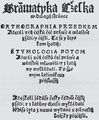 Antikva u Kašpara Aorga (Náměšť/O. 1533). Optát, Beneš – Gzel, Petr – Filomates, Václav: Gramatika česká v dvojí stránce, ortographia předkem … etymologia potom (Náměšť/O., Kašpar Aorg 1533). Typografická titulní strana bez dekoru a ilustrací. Jediným aktivním prvkem je písmo organizované do ztrácející se sazby: První řádek je sázen texturou (vyznačovací písmo), třetí a sedmý řádek antikvou benátského typu (vyznačovací písmo) a zbytek švabachem (totožným s písmem textovým). Repro: Muzika 1963.
