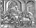 Souvislosti mezi Grüningerovými ilustracemi (Strasbourg 1499–1502) a Pánem rady (Praha 1505). Nahoře zleva Terentius Afer, Publius: Comoediae (Strasbourg, Johann Grüninger 1499). Fol. CVIIa druhého vydání s ilustrací Mistra Grüningerova Terentia. Královská kanonie premonstrátů na Strahově – Strahovská knihovna (Praha), sign. DM III 3/3. Dole zleva Tento traktát jest o mládenci, kterýž jsa v štěstí zpychal a svévolně upadl v neštěstí [Pán rady] (Praha, Tiskař Pražské bible? 1505). Fol. A4b s obrázkem mládence u pana Povolila. Národní knihovna ČR (Praha), sign. Křiž LXXIII D 1 (= Cim D 96, deponát). Nahoře zprava Vergilius, Publius Maro: Opera (Strasbourg, Johann Grüninger 1502). Díl třetí, fol. IXa s hosp