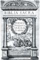 Plantinova Polyglota antverpská (Antwerpen 1569–1573). Biblia sacra hebraice, chaldaice, graece et latine (Antwerpen, Christoph Plantin 1569–1573). Díl první (1569). Vlevo titulní strana značená spojitým monogramem PAME (antverpský rytec Pieter van der Heyden). Vpravo nahoře a uprostřed část pag. 2 s hebrejským a latinským zněním. Vpravo dole část pag. 3 s řeckým zněním (všude počátek Genesis). Královská kanonie premonstrátů na Strahově – Strahovská knihovna (Praha), sign. BY II 1.