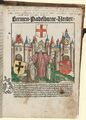 Ilustrace z Schöfferova tisku (Mainz 1492). Botho, Konrad: Cronecken der Sassen (Mainz, Peter Schöffer st. 1492). Folio se stojícím vládcem Franské říše Karlem I. Velikým a nově instalovanými biskupy. Kolorovaný dřevořez. Knihovna Národního muzea (Praha), sign. Nostická knihovna E 338 (snímek laskavě zapůjčil digitální fotoarchiv pražské Nadace pro dějiny kultury ve střední Evropě).