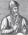 Fiktivní portrét Johanna Gutenberga (Paris 1584). Thevet, André: Les vrais portraits des hommes illustres (Paris, Jacques Kerver 1584). Díl druhý, detail z fol. 514a. Repro: Fr. Feld, Mistr z Mohuče, Praha 1972.