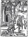 Souvislosti mezi Grüningerovými ilustracemi (Strasbourg 1499–1502) a Pánem rady (Praha 1505). Nahoře zleva Terentius Afer, Publius: Comoediae (Strasbourg, Johann Grüninger 1499). Fol. CVIIa druhého vydání s ilustrací Mistra Grüningerova Terentia. Královská kanonie premonstrátů na Strahově – Strahovská knihovna (Praha), sign. DM III 3/3. Dole zleva Tento traktát jest o mládenci, kterýž jsa v štěstí zpychal a svévolně upadl v neštěstí [Pán rady] (Praha, Tiskař Pražské bible? 1505). Fol. A4b s obrázkem mládence u pana Povolila. Národní knihovna ČR (Praha), sign. Křiž LXXIII D 1 (= Cim D 96, deponát). Nahoře zprava Vergilius, Publius Maro: Opera (Strasbourg, Johann Grüninger 1502). Díl třetí, fol. IXa s hosp