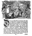 Personifikovaná Typografie (Dresden 1740). Schöttgen, Johann Christian: Historie derer dreßdnischen Buchdrucker … Das dritte Jubel-Fest (Dresden, Friedrich Hekel 1740). Fol. A2a se záhlavovou vinětou: před panoramatem Drážďan sedí personifikovaná Typografie, obklopena symbolickými předměty (zleva tiskařský lis s letopočtem 1740 na příčném břevnu, balík papíru, tampony, sazečský úhelník, sazečská kasa, erb tiskařů a sazebnice). Mědiryt signován vpravo dole saským rytcem Christianem Philippem Lindemannem. Královská kanonie premonstrátů na Strahově – Strahovská knihovna (Praha), sign. AX XI 13.
