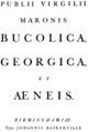 Baskervillova typografie (Birmingham 1757). Vergilius, Publius Maro: Bucolica, Georgica et Aeneis (Birmingham, John Baskerville 1757). Titulní strana. Repro: Muzika 1963.